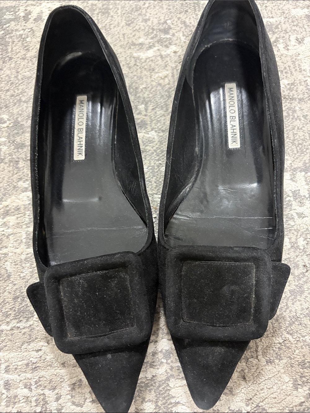 Manolo Blahnik Black Suede Pointed Toe Pumps with Square Buckle